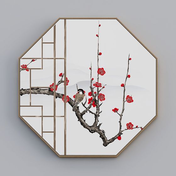 Winter Bird and Plum Blossom Low-Poly 3D Model