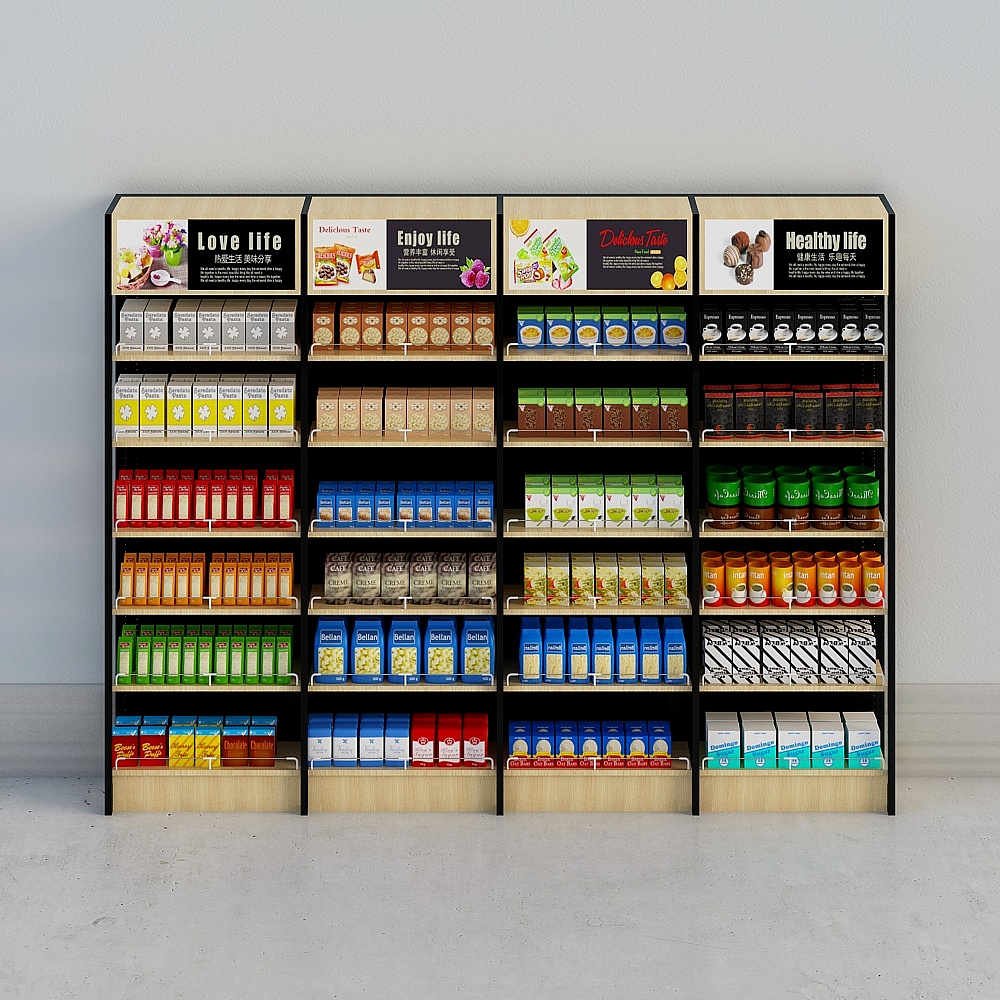 Black metal supermarket display shelf with wood shelves and food on grey background