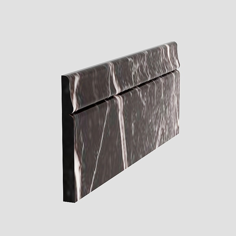 Dark grey marble baseboard with white veins and curved top edge on light grey background