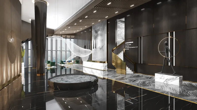 Modern luxury lobby with black marble floors gold staircase whale sculpture and a white desk