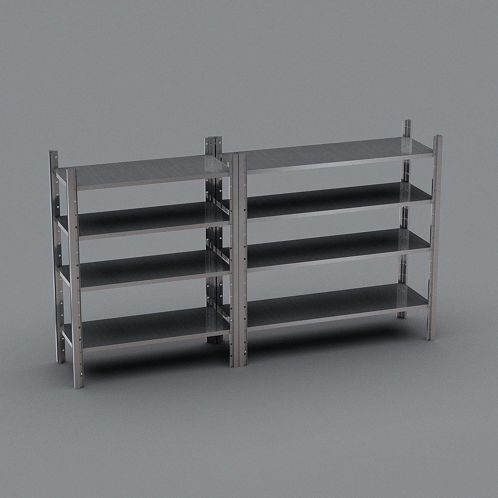 Industrial silver metal shelving unit with four black shelves and adjustable height on grey background