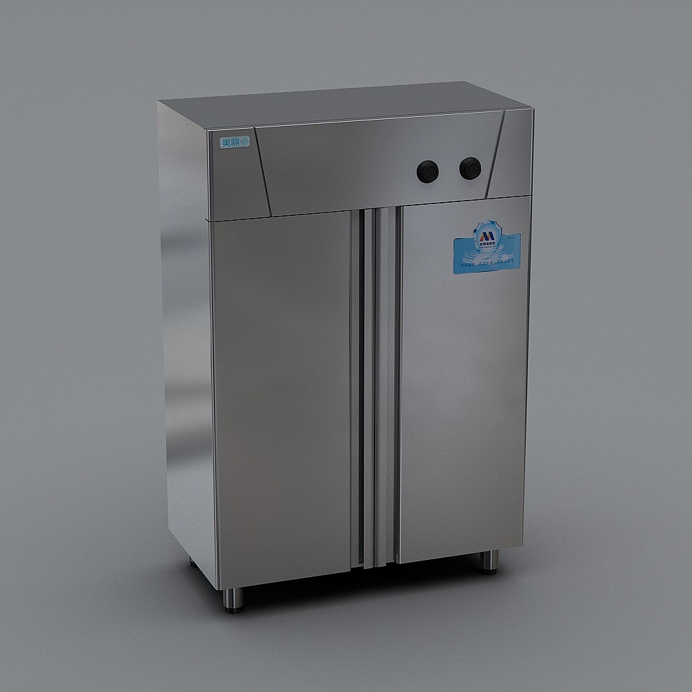 Stainless steel standing water dispenser with two doors and black knobs on grey background
