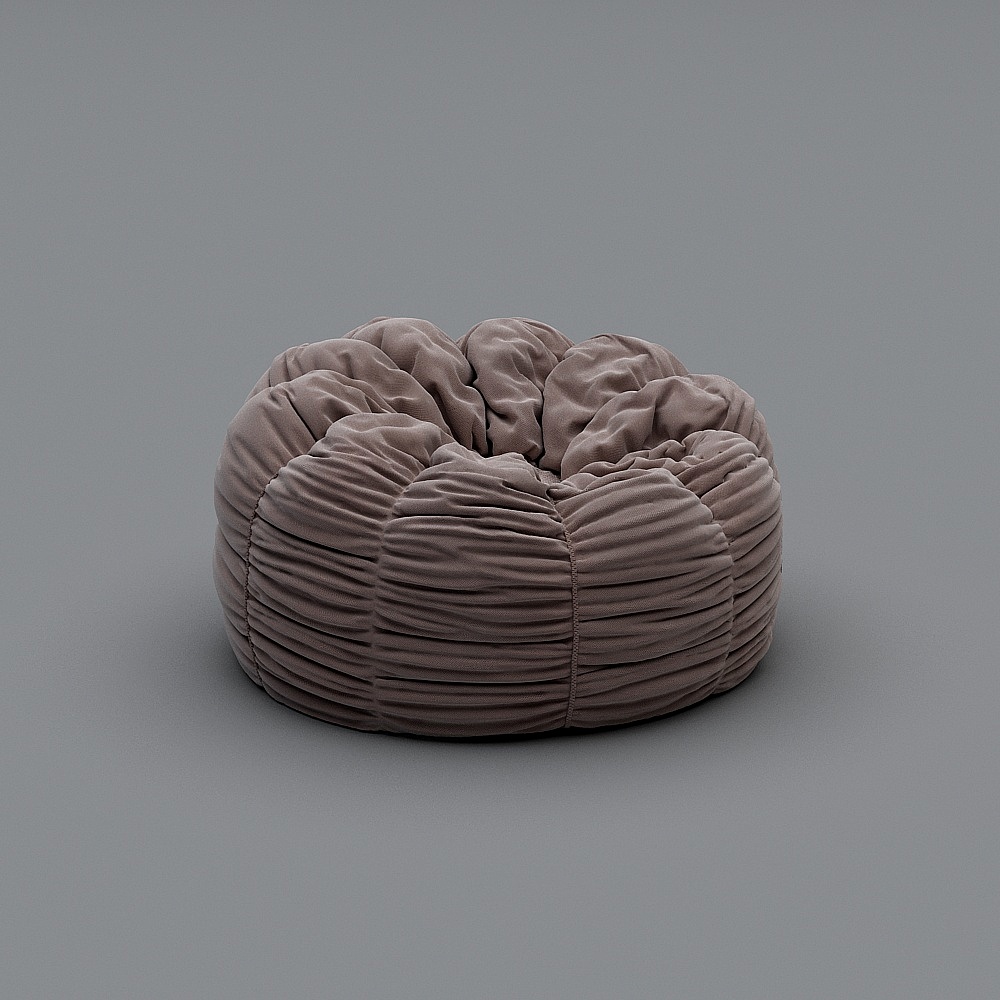 Modern round brown fabric footrest with gathered texture on grey background