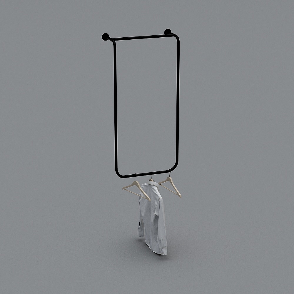 Modern black metal clothing rack with wooden hangers and white shirt on grey background
