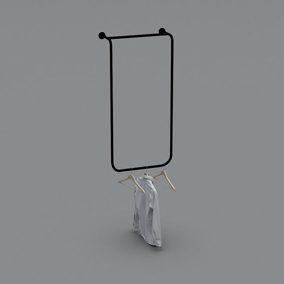 Modern black metal clothing rack with wooden hangers and white shirt on grey background