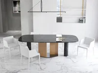 Interior design drawing of dining room with black marble table, white chairs and wall shelves