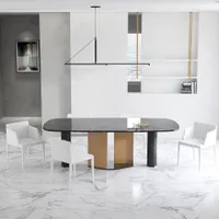 Modern dining room with black marble table, white chairs, marble floor, and black ceiling light