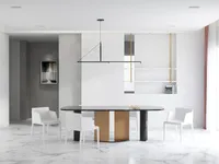 Modern dining room featuring black marble table, white chairs, wooden base, and minimalist ceiling light