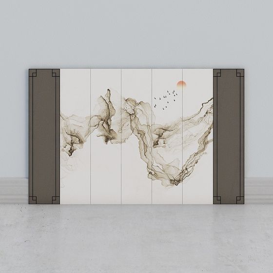 Elegant Ink Wash Landscape Folding Screen 3D model
