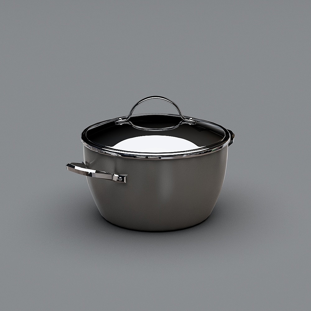 Grey metal cooking pot with glass lid and silver handles on grey background