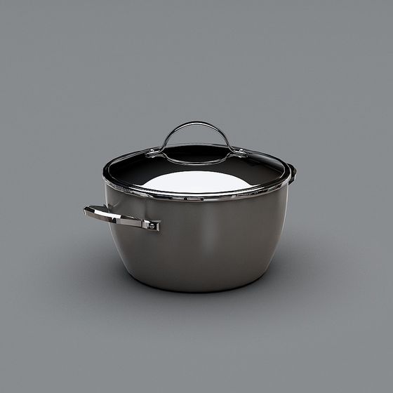 Grey metal cooking pot with glass lid and silver handles on grey background