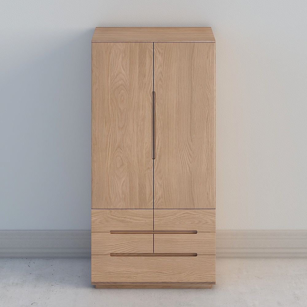 Tall light wood wardrobe with drawers and handles on grey background