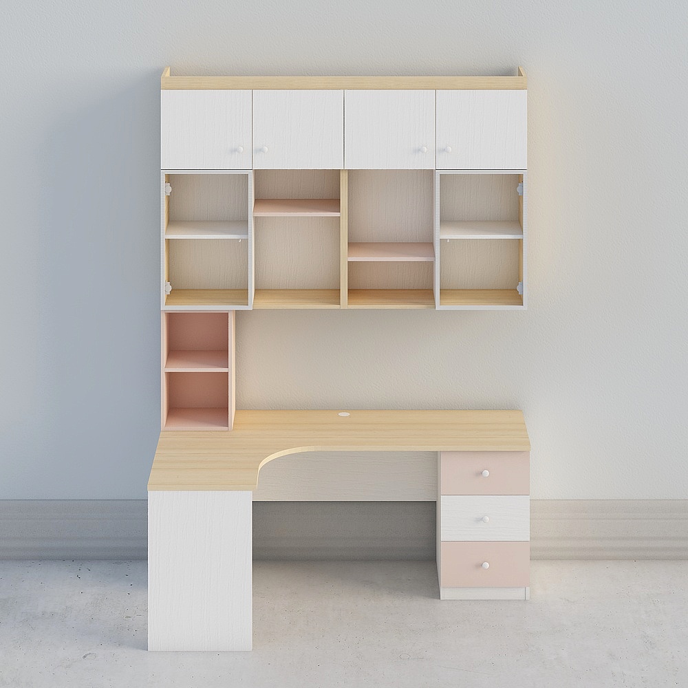 Modern white and pink desk with hutch and drawers on grey background