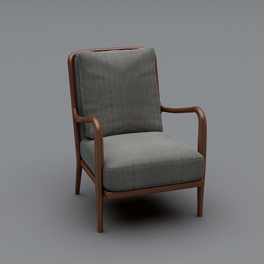 Mid century modern armchair with grey fabric cushions and dark wood frame on grey background