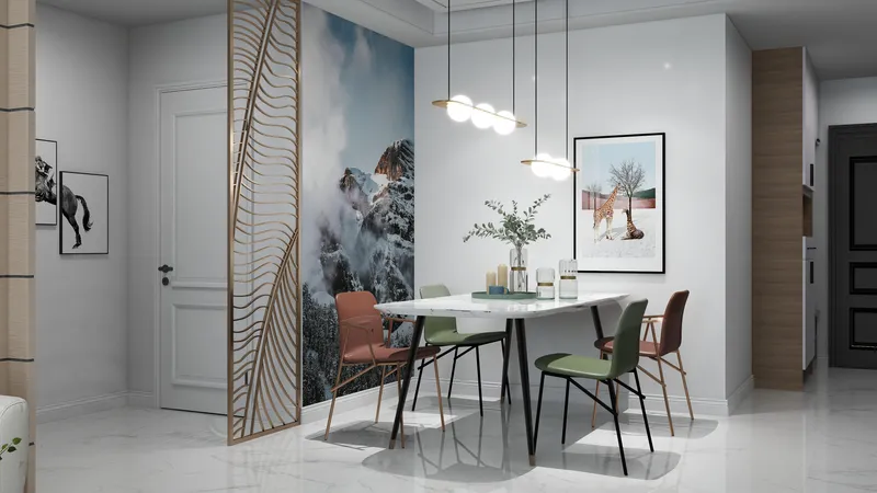 Modern dining room with marble table, colored chairs, ceiling light, mountain mural, and gold partition