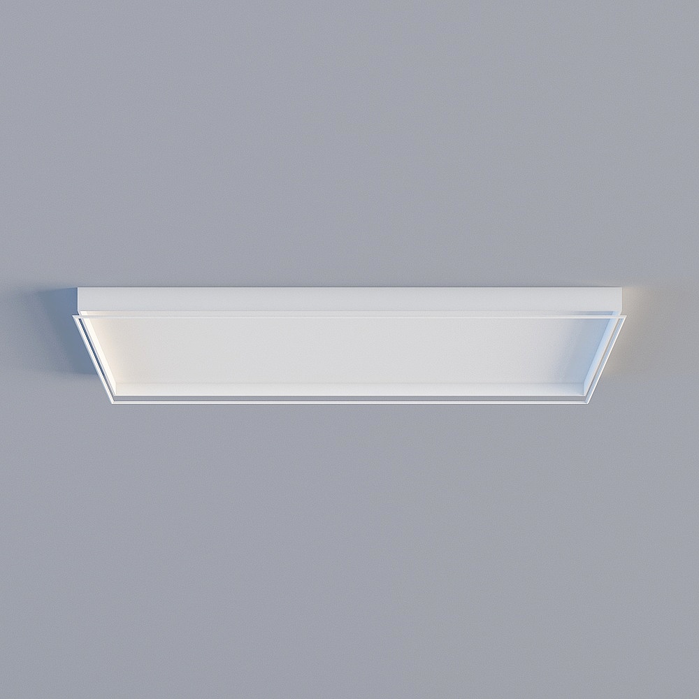 Modern white rectangular ceiling light fixture with clear glass panel on grey background