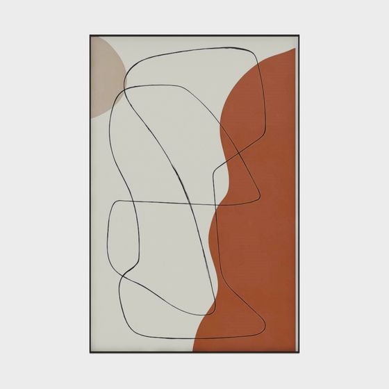 Abstract art print with orange shapes and black lines in a thin frame on white background