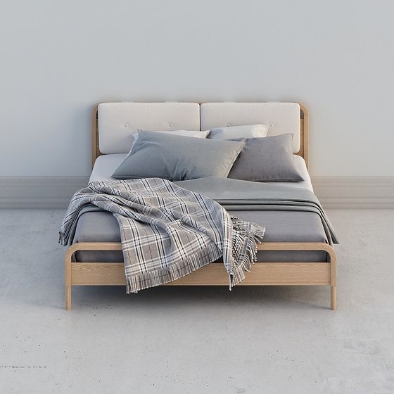 Modern queen size bed with light wood frame and grey bedding on white background