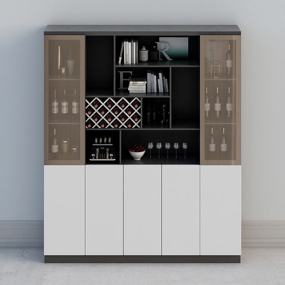 Modern white and black storage cabinet with glass doors and wine rack on grey background