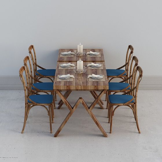 Wooden Dining Table and Chairs Set 3D model