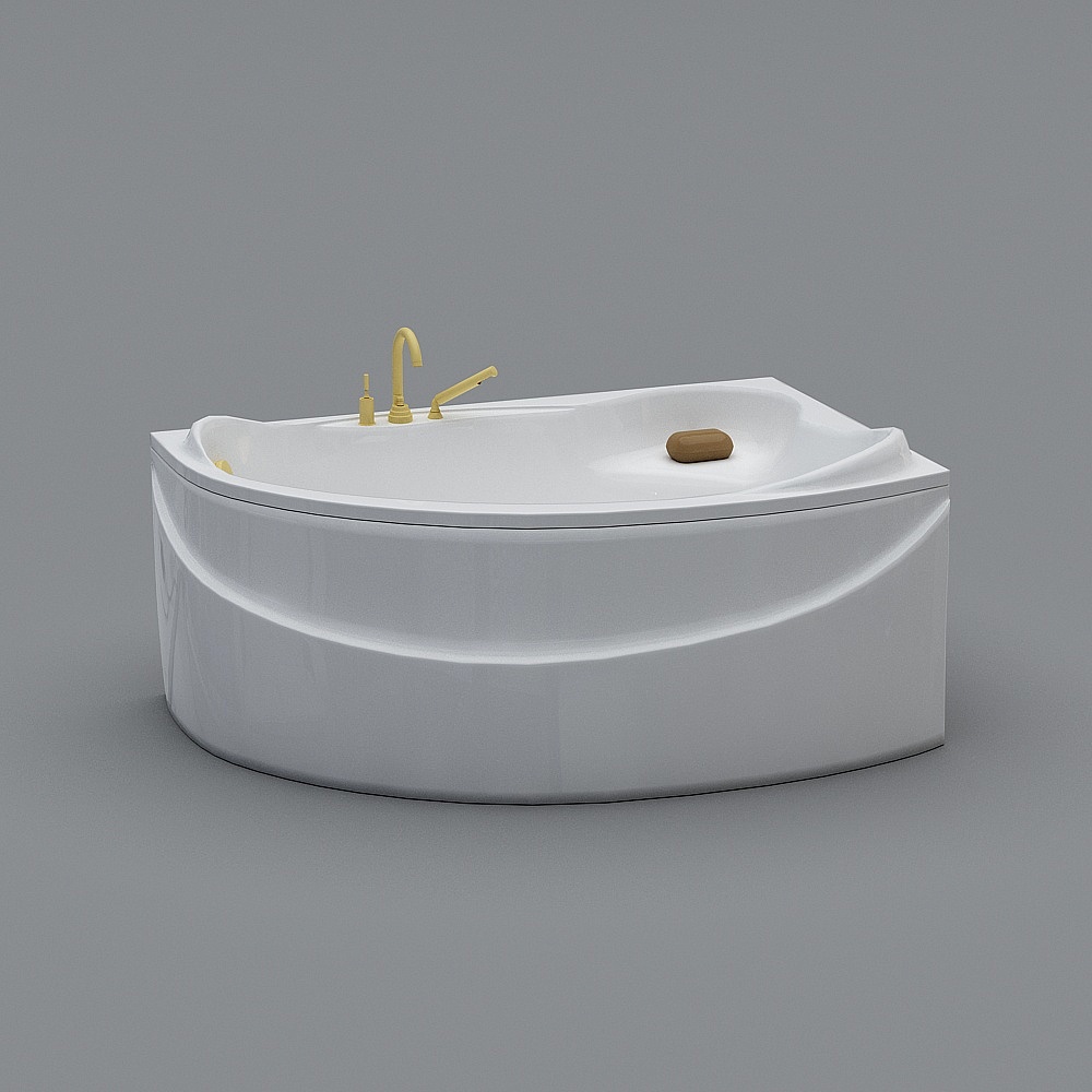 Modern white corner bathtub with gold faucet and brown soap on grey background