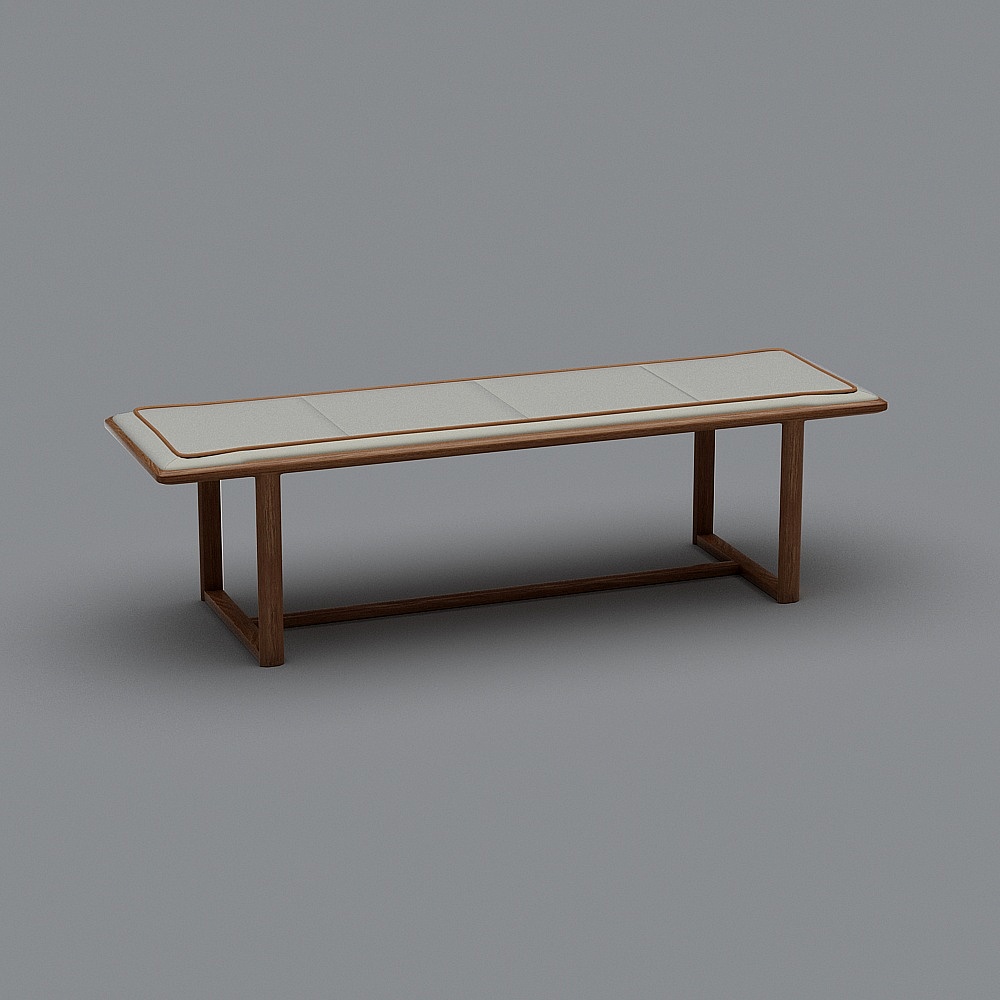 Long modern bench with white padded seat and brown wooden legs on grey background