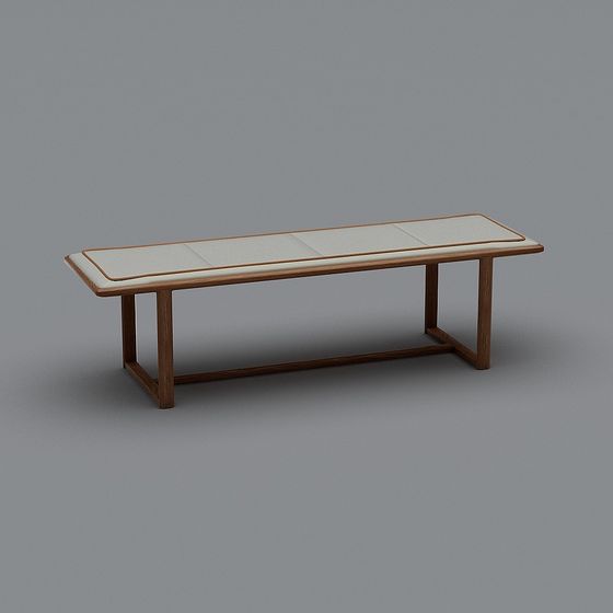 Long modern bench with white padded seat and brown wooden legs on grey background