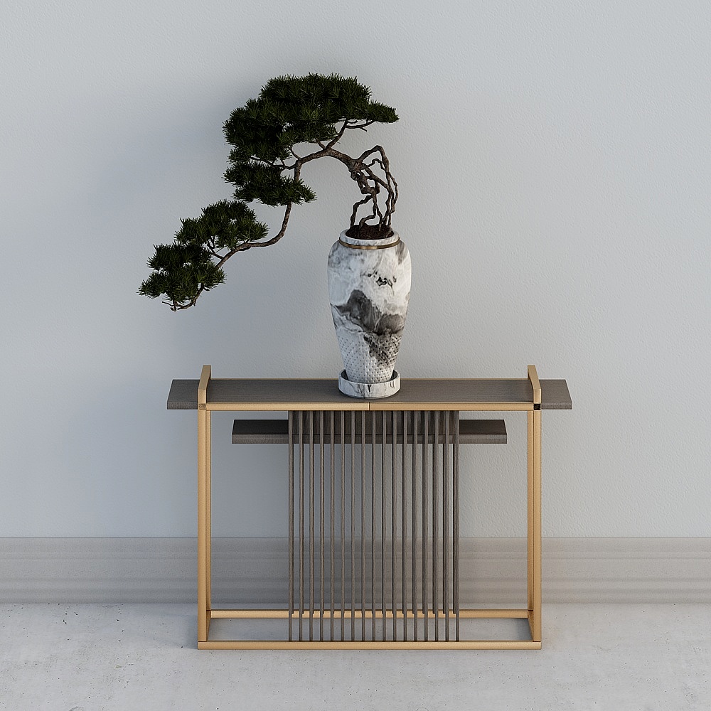 Modern console table with gold frame and vertical slats on grey background