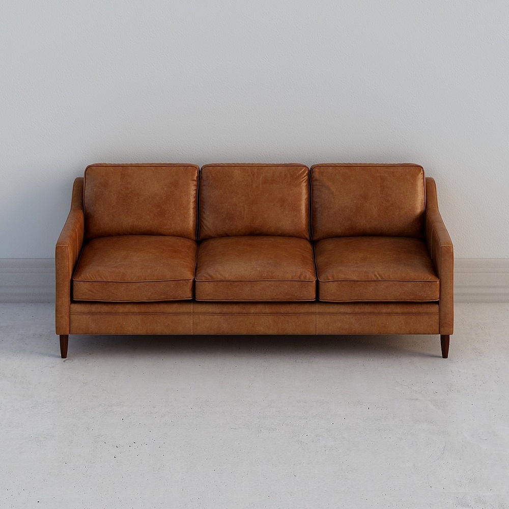 Brown leather three seater sofa with wooden legs on white background