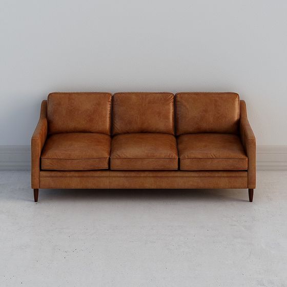 Brown leather three seater sofa with wooden legs on white background