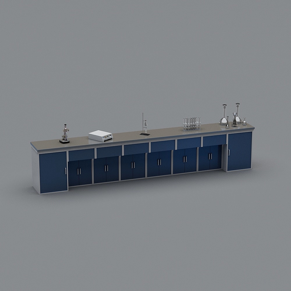 Long blue lab cabinet with grey top and science tools on grey background