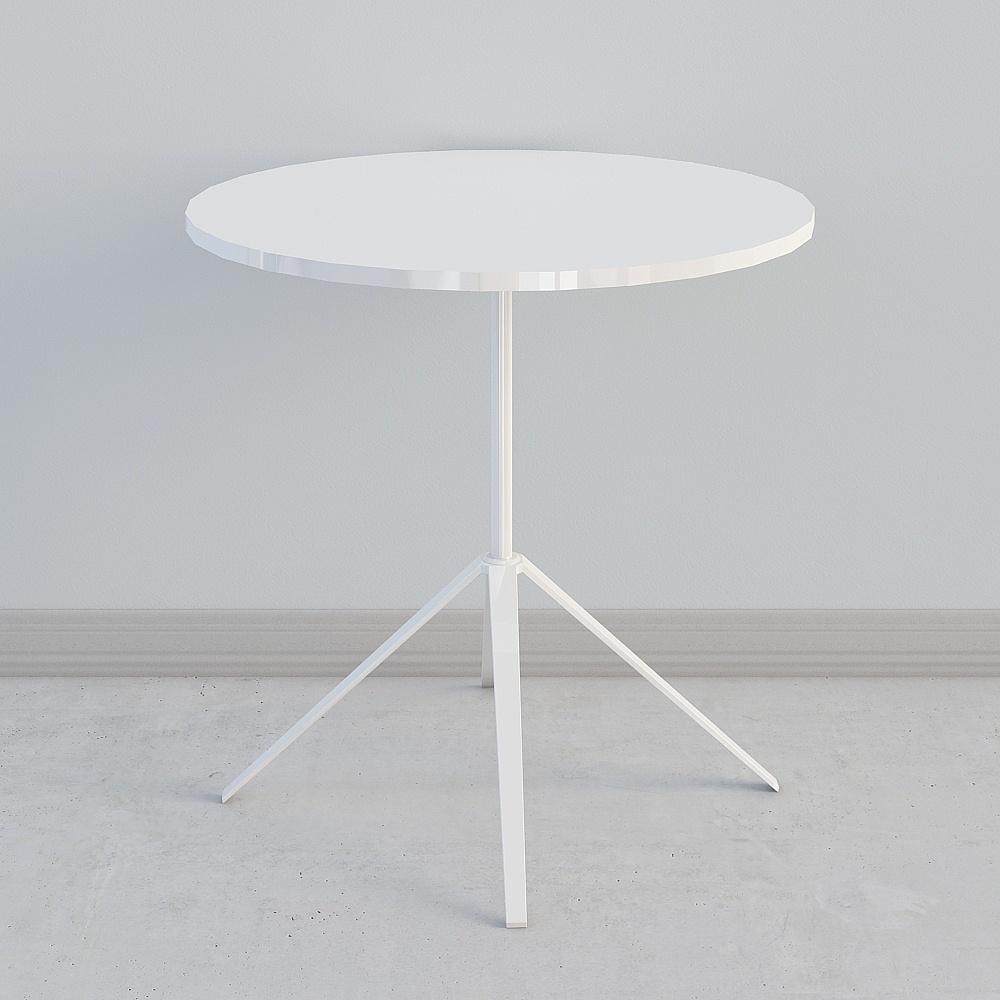 Modern white round table with three legs on grey background