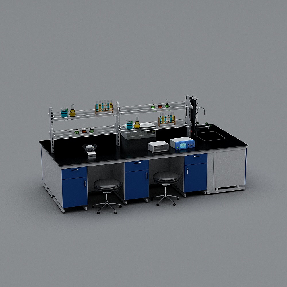 Modern white and blue lab table with black top and stools on grey background