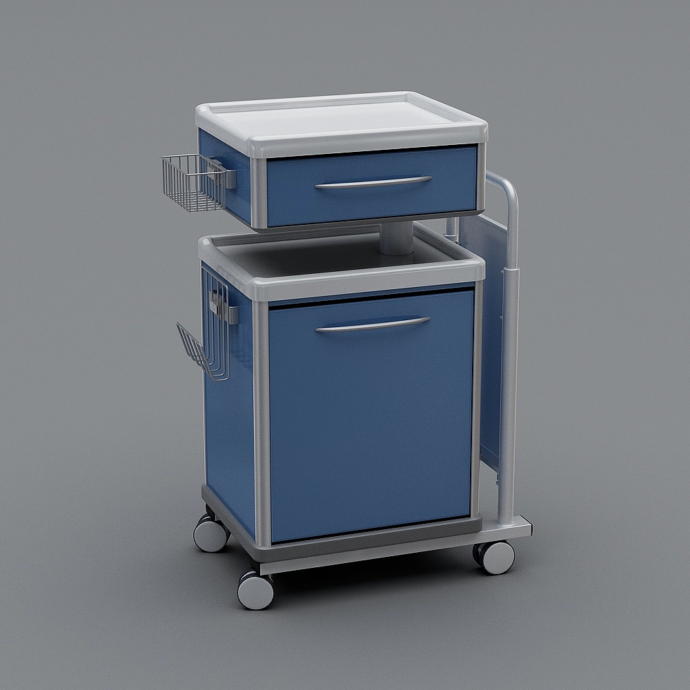 Modern blue and silver medical cart with two drawers, side baskets, and wheels on grey background
