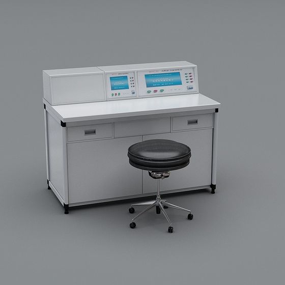 White laboratory control desk with screens and black rolling stool on grey background