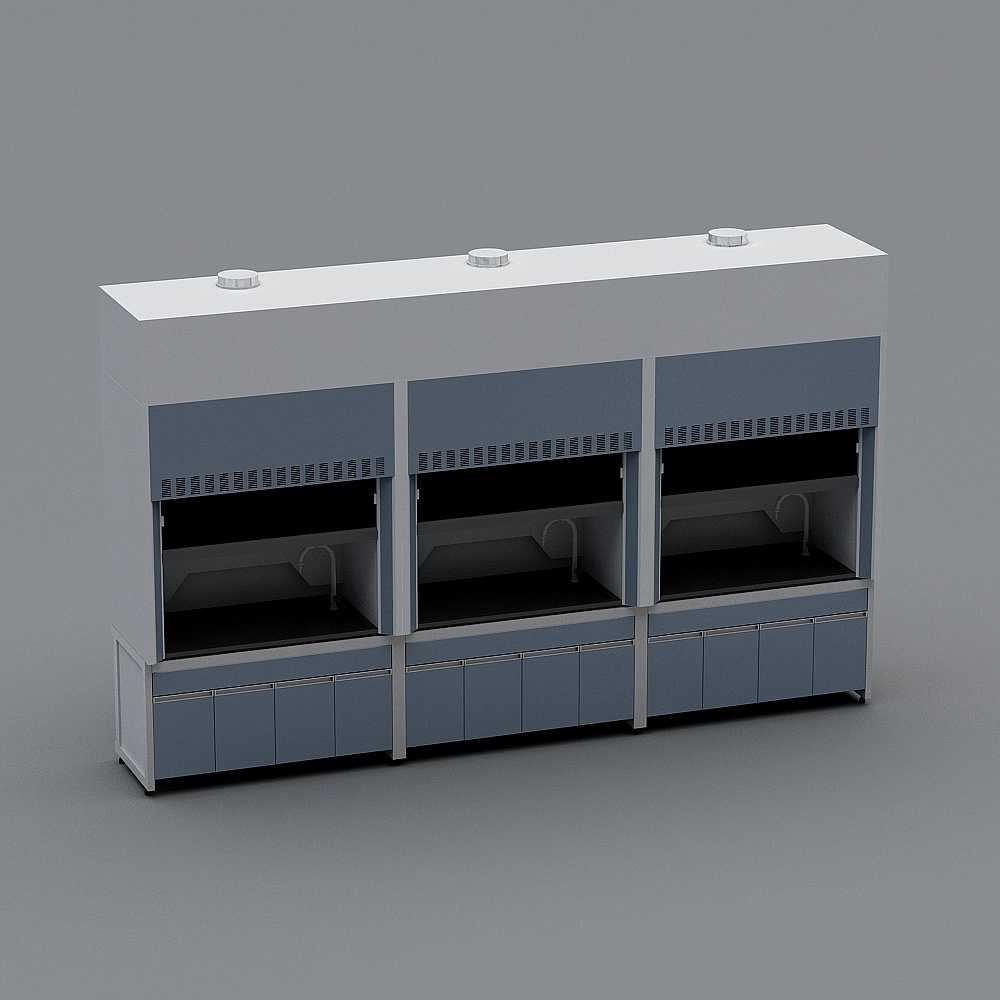 Modern blue and white lab cabinet with three sinks and storage on grey background
