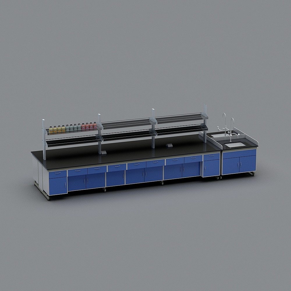 Long blue laboratory workbench with black top and shelves on grey background