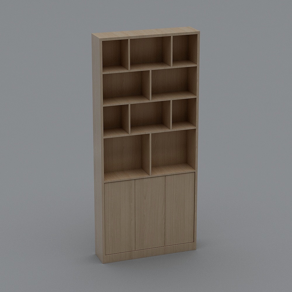 Modern light wood bookcase with open shelves and three bottom doors on grey background