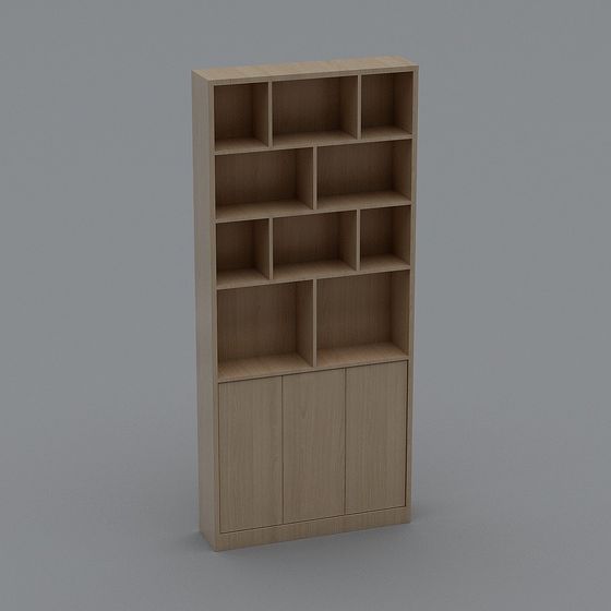 Modern light wood bookcase with open shelves and three bottom doors on grey background