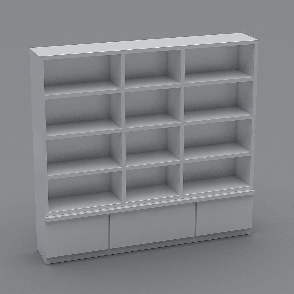 Modern white storage cabinet with open shelves and three drawers on grey background