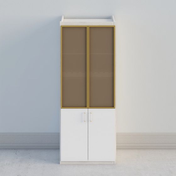 Tall white storage cabinet with gold framed glass doors and small handles on light grey background