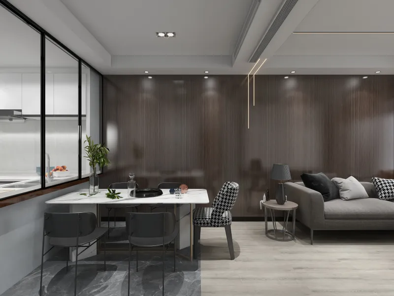 Modern interior design drawing showing marble dining table dark wood wall panel and grey sofa