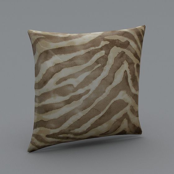 Square decorative pillow with brown and cream zebra print pattern on grey background