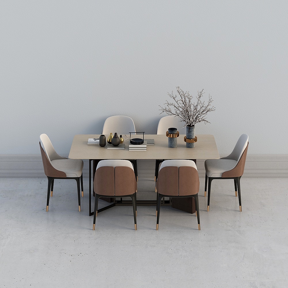 Modern dining table set with six brown chairs on grey background