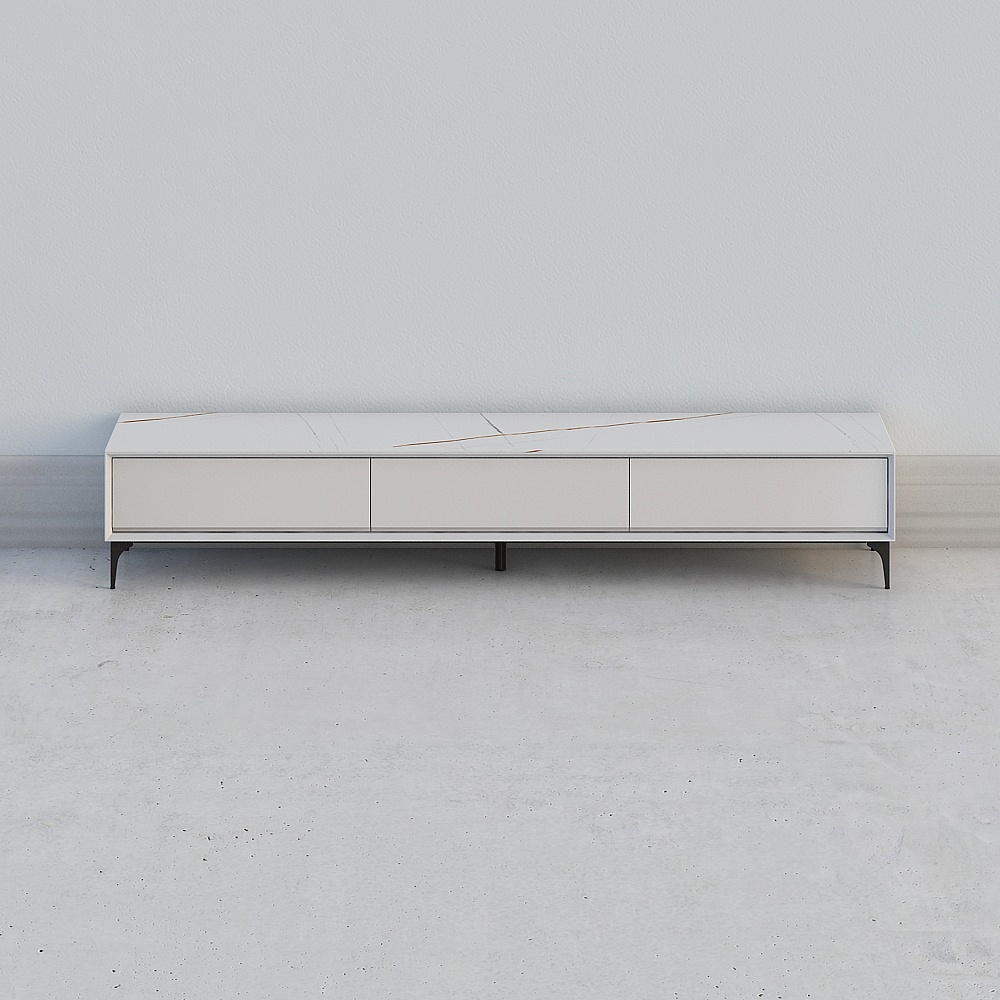 Modern white media cabinet with gold veins and black legs on grey background