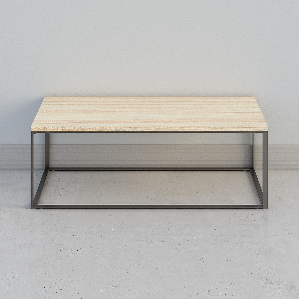 Modern rectangular coffee table with light wood top and dark metal frame on grey background