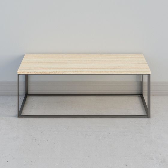 Modern rectangular coffee table with light wood top and dark metal frame on grey background