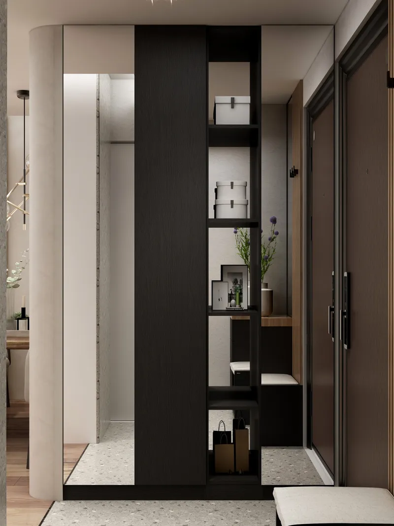 Modern hallway entrance with dark wood storage unit white boxes mirror and brown front door