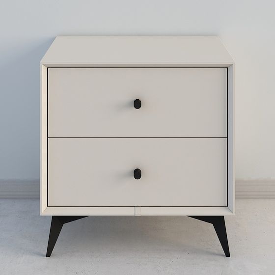 Modern beige nightstand with two drawers and black legs on white background