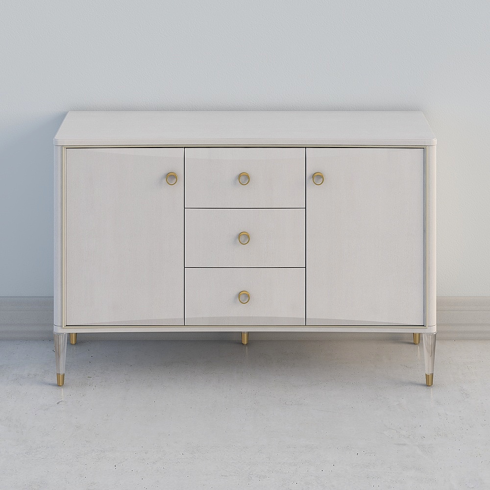 Modern white cabinet with gold handles and clear legs on grey background